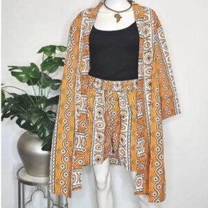 African Print Kimono Duster Set: Wide Leg Shorts, Belt & Headwrap